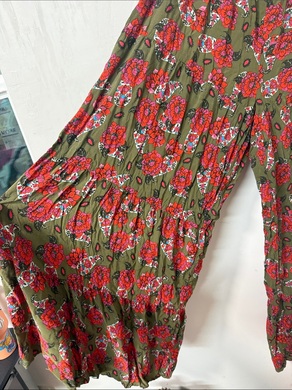 NATURAL LIFE Olive Wide-Leg Pants with Red Floral Print - Picture 2 of 3